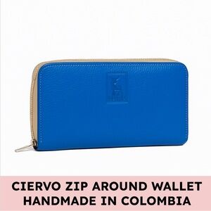 CIERVO Handmade Leather Zip Around Wallet Rear Zip Blue Maximalism 7.5x4